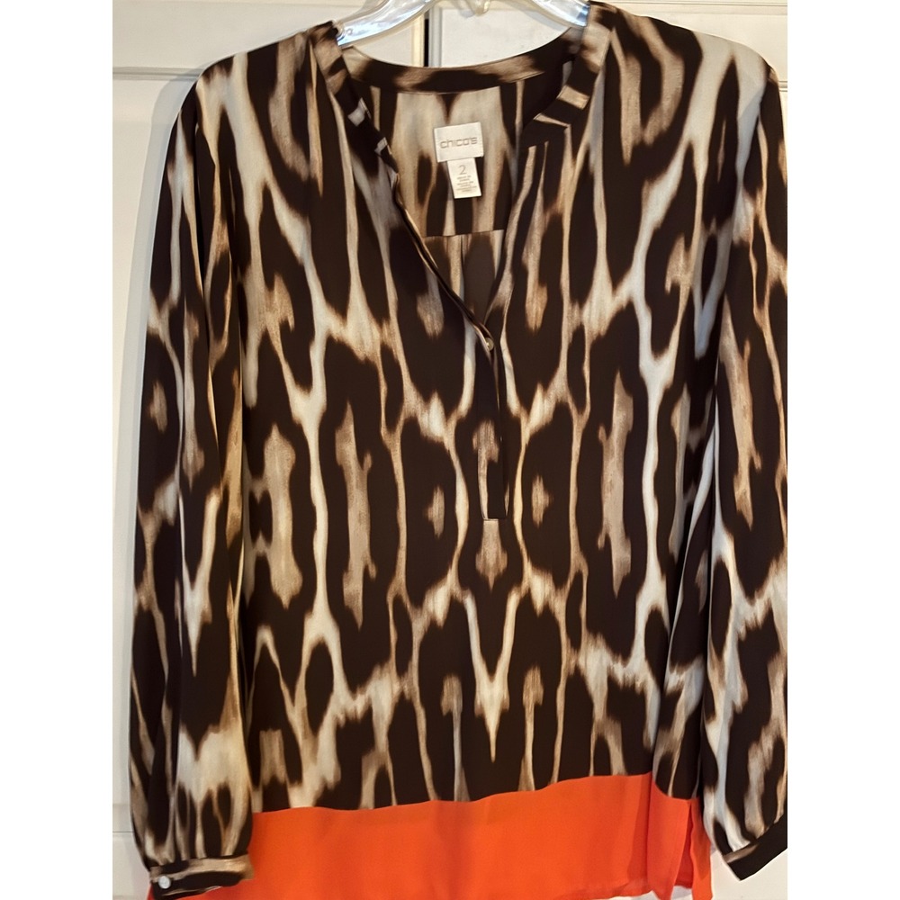 Chico's Ikat Animal Print Colorblock Blouse Orange Brown‎ Size 2 Large Womens